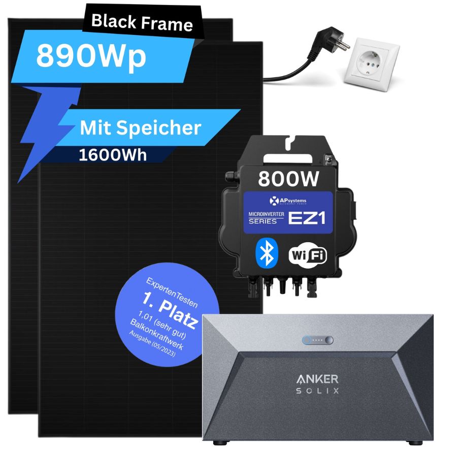AP Systems 800 Watt Balkonkraftwerk mit Anker Speicher 1600Wh - Basic (890Wp) Black Frame