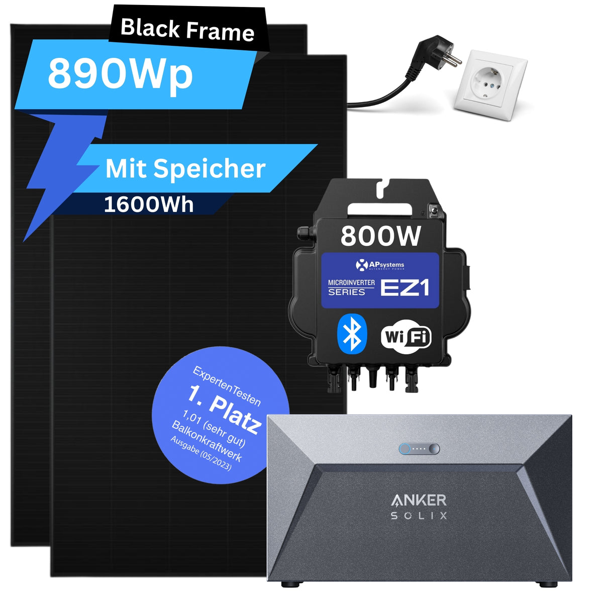 AP Systems 800 Watt Balkonkraftwerk mit Anker Speicher 1600Wh - Basic (890Wp) Black Frame