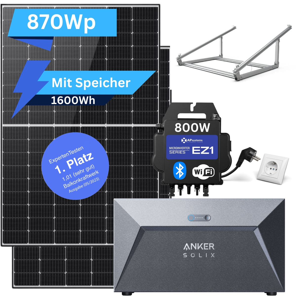 AP Systems 800 Watt Balkonkraftwerk mit Speicher 1600Wh - Basic (890Wp) Black Frame mit Universal-Halterung