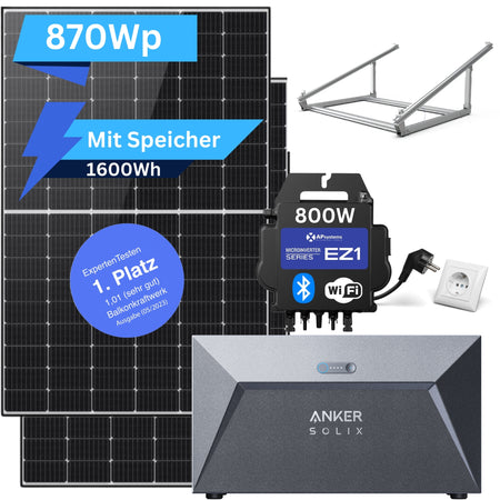 AP Systems 800 Watt Balkonkraftwerk mit Speicher 1600Wh - Basic (890Wp) Black Frame mit Universal-Halterung