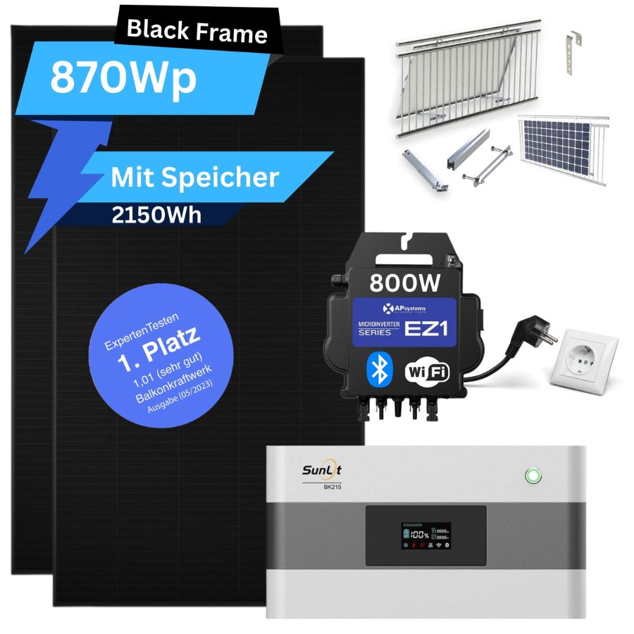 AP Systems 800 Watt Balkonkraftwerk mit SunLit Solar BK215 Speicher (2150Wh) - Flex (890Wp) Black Frame mit Balkon-Halterung
