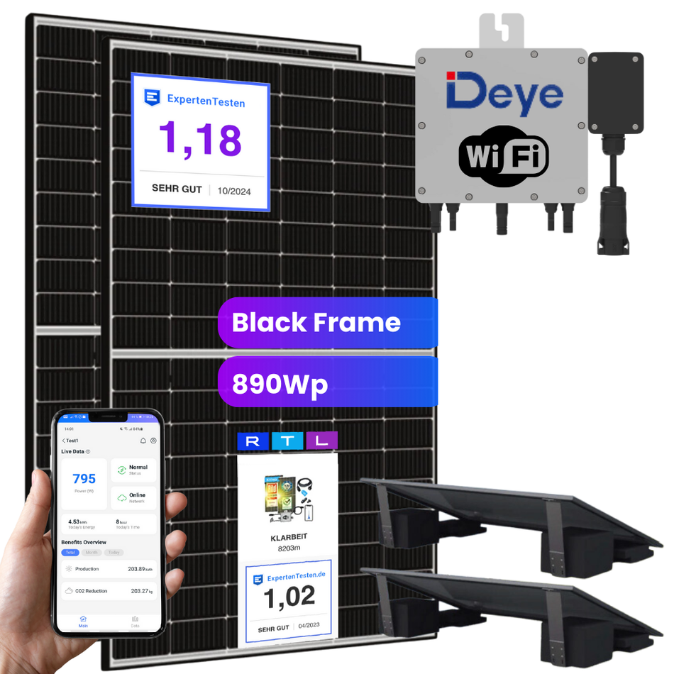 Deye Balkonkraftwerk 800 Watt - Flat (890Wp) Black Frame mit Flachdach-Halterung