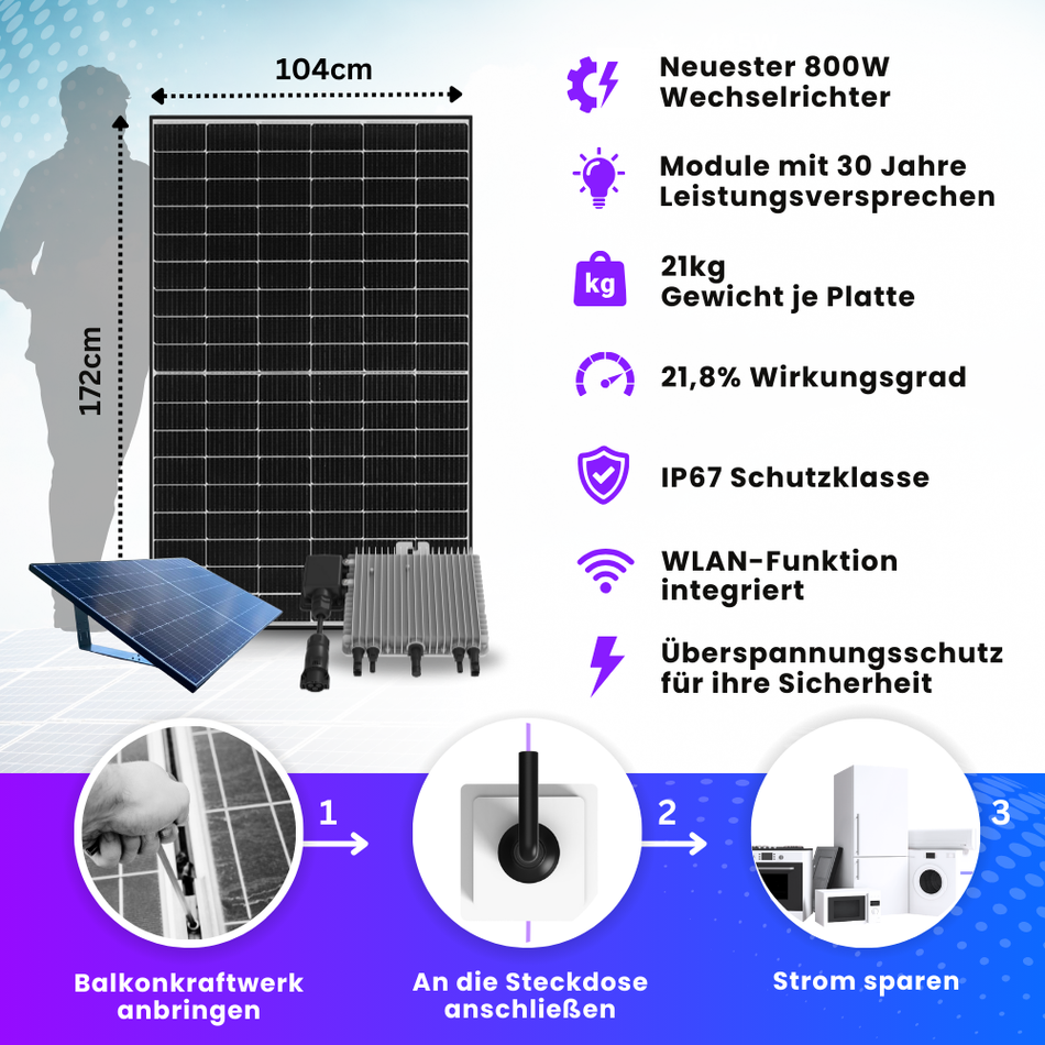 Deye Balkonkraftwerk 800 Watt - Flat (890Wp) Black Frame mit Flachdach-Halterung