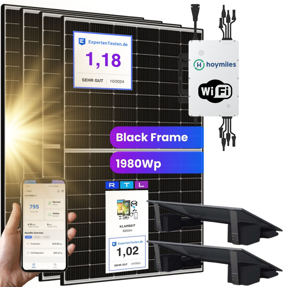 Hoymiles Balkonkraftwerk 1600 Watt - Flat (1780Wp) Black Frame mit Flachdach-Halterung