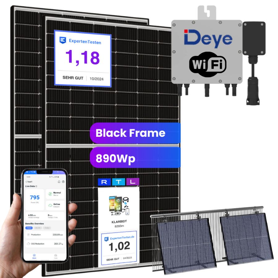 Deye Balkonkraftwerk 800 Watt - Flex (890Wp) Black Frame mit Balkon-Halterung