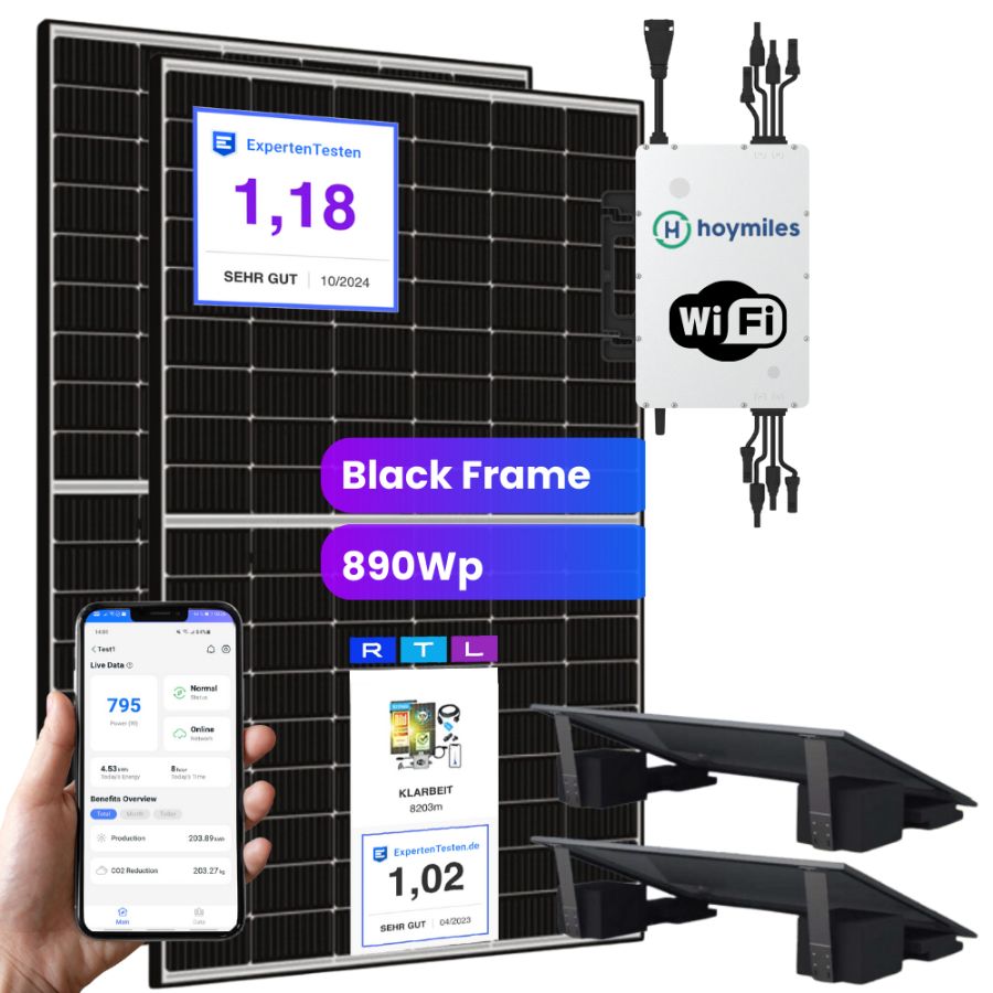 Hoymiles Balkonkraftwerk 800 Watt - Flat (890Wp) Black Frame mit Flachdach-Halterung